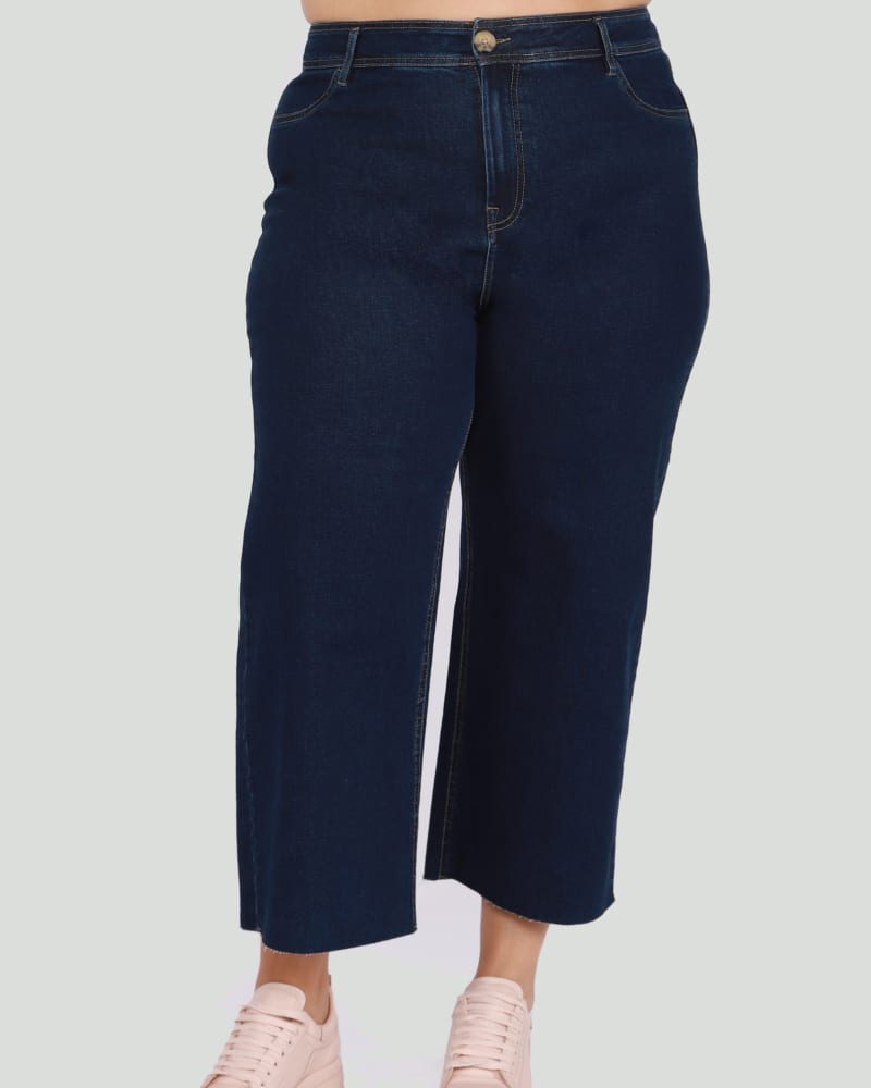 Front of a model wearing a size 16 Mallory Super High Rise Culotte in Blue Dark Wash by DEX PLUS. | dia_product_style_image_id:260546
